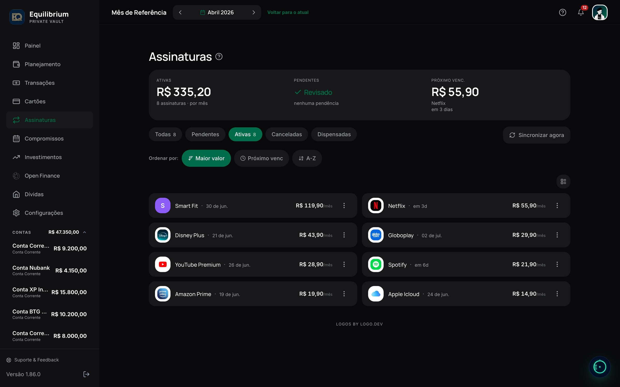 Painel de Assinaturas do Equilibrium: 8 assinaturas ativas somando R$ 335,20 por mês, com logos de Netflix, Spotify, Disney+, Smart Fit e próximos vencimentos