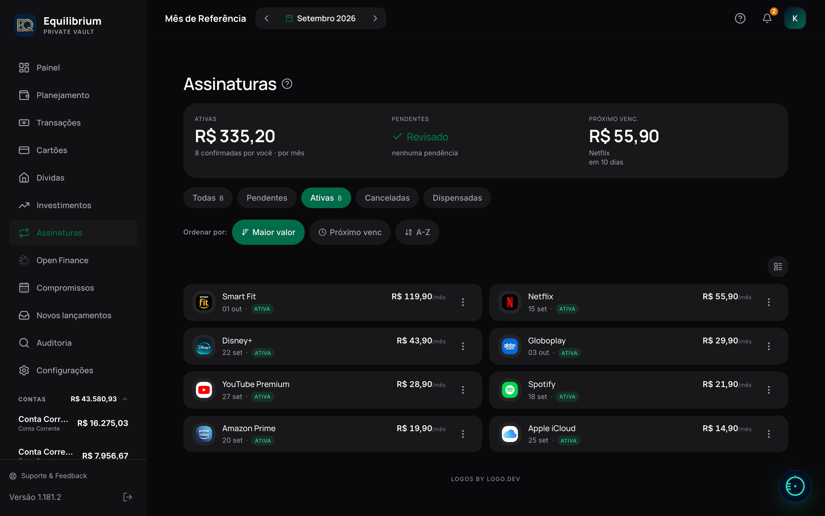 Tela de Assinaturas do Equilibrium com as cobranças recorrentes e o total mensal