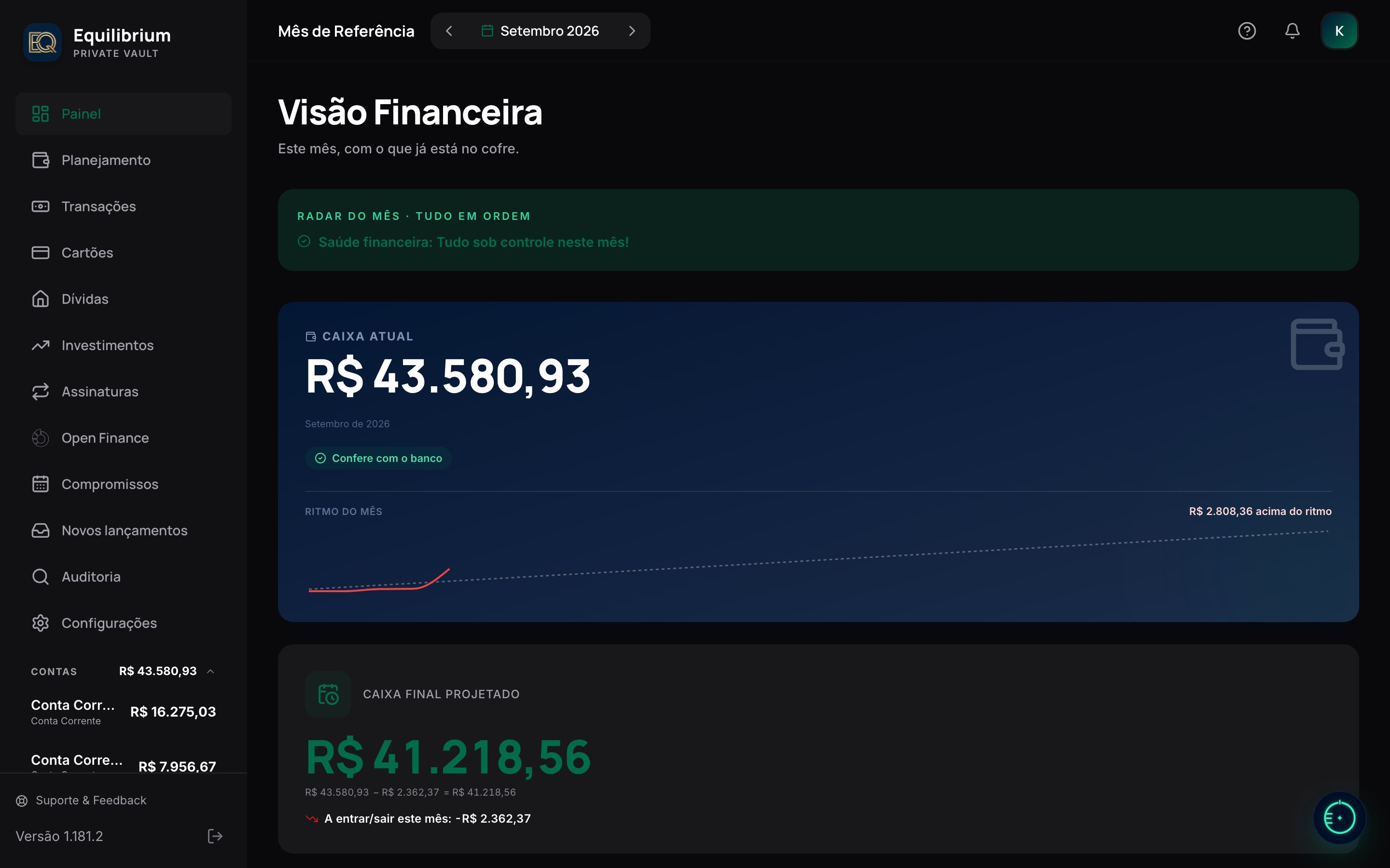Painel do Equilibrium consolidando contas, cartões e investimentos de várias instituições via Open Finance