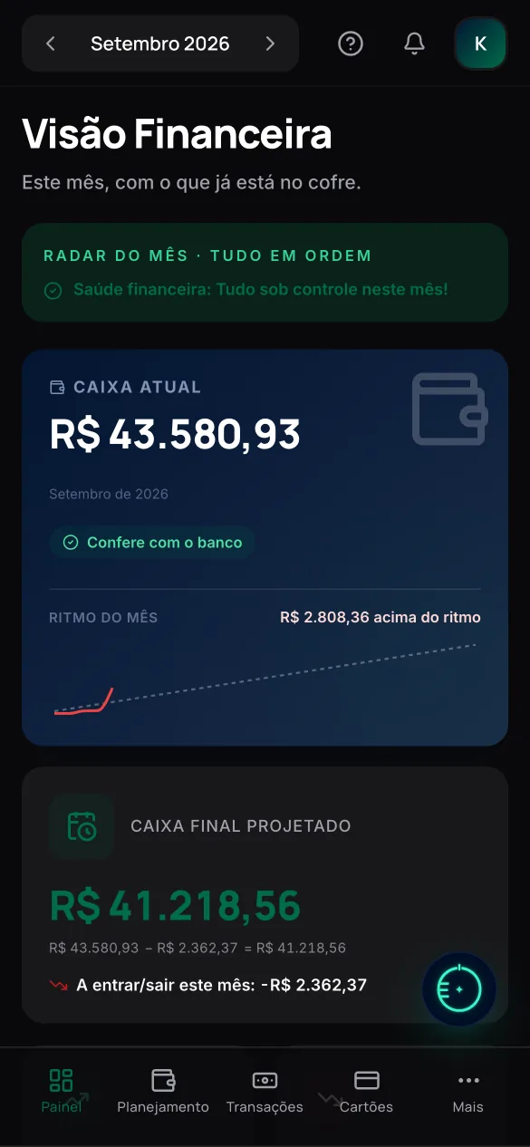 Equilibrium no celular, setembro de 2026: Caixa Atual de R$ 43.580,93, o mesmo do painel acima, e caixa final projetado