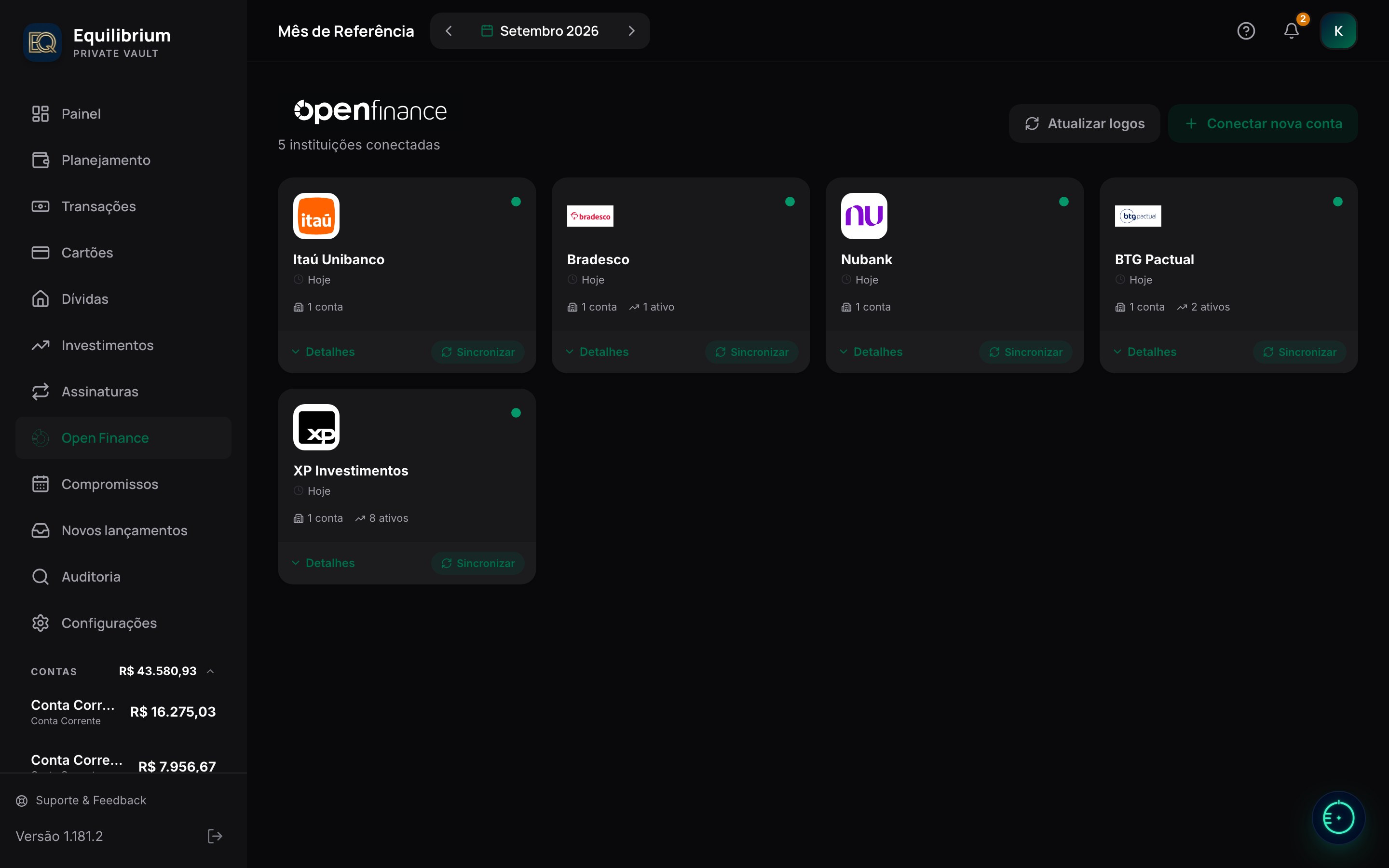 Página Open Finance do Equilibrium com Itaú, Nubank, XP, BTG Pactual e Bradesco conectados e sincronizados por instituição