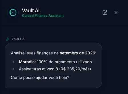 Painel do Vault AI abrindo a conversa: analisou as finanças de setembro de 2026, moradia em 100% do orçamento e 8 assinaturas ativas somando R$ 335,20 por mês